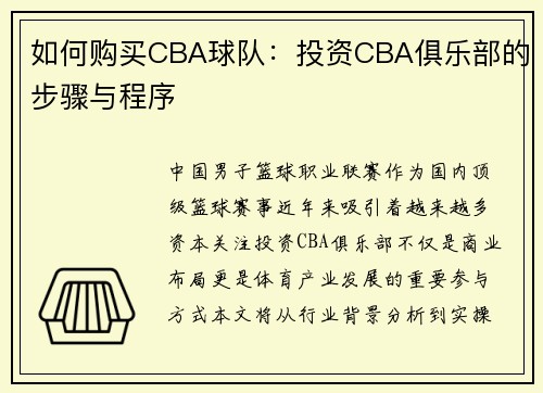 如何购买CBA球队：投资CBA俱乐部的步骤与程序